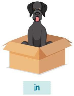 Kutu illüstrasyonunda köpek olan prepostion kelime kartı tasarımı