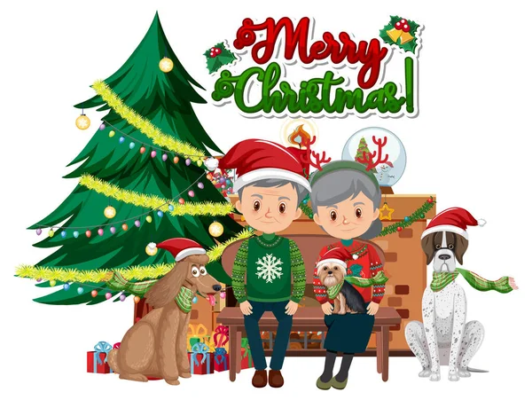 Logotipo Feliz Navidad Con Pareja Ancianos Sentados Banco Ilustración — Vector de stock