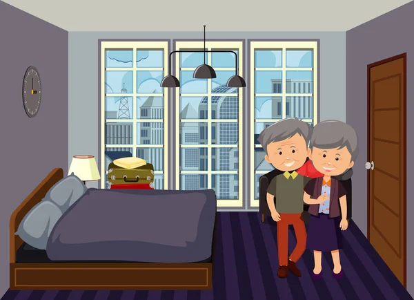 Escena Del Dormitorio Con Una Ilustración Personajes Pareja Edad — Vector de stock