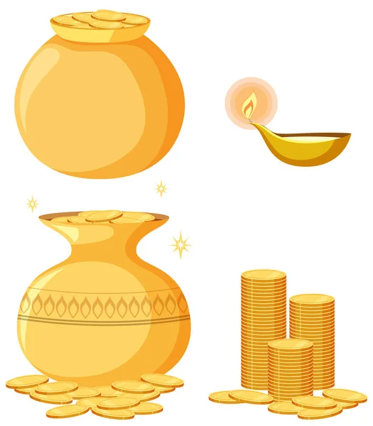 Set Gouden Potten Munten Illustratie — Stockvector