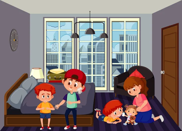 Escena Del Dormitorio Con Ilustración Miembros Familia — Vector de stock