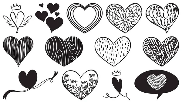 Negro Dibujado Mano Corazones Conjunto Ilustración — Vector de stock