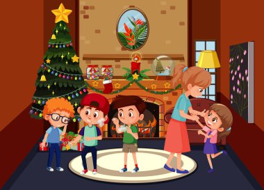 Noel için dekore edilmiş oturma odası aile üyelerinin resimleriyle dolu.