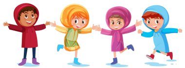 Dört çocuk yağmurluk giyiyor.