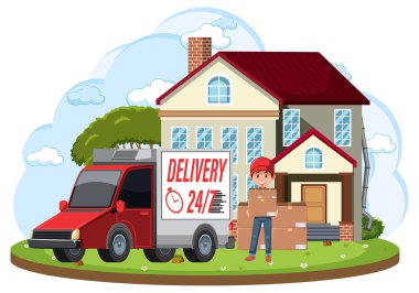 Ev illüstrasyonunun önünde duran paketleri getiren kurye.