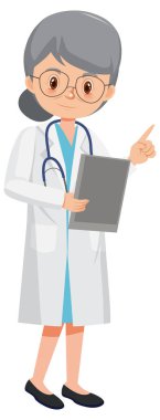 Beyaz arka planda bir kadın doktor çizgi film karakteri.