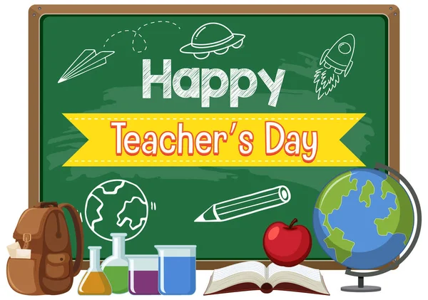 Happy Teacher Day Dengan Seorang Guru Perempuan Menunjuk Pada Ilustrasi - Stok Vektor