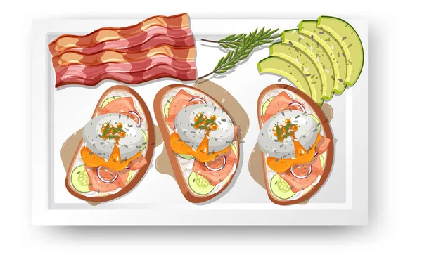 Top Uitzicht Voedsel Benedict Avocado Witte Achtergrond Illustratie — Stockvector