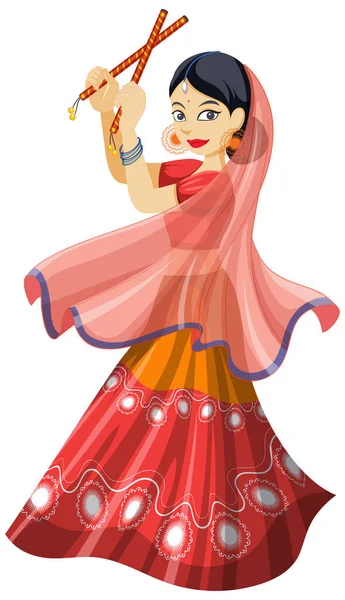 Индийская Женщина Танцует Двумя Палочками Иллюстрации — стоковый вектор