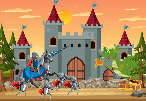 Сцена в средневековом дворце с группой рыцарей