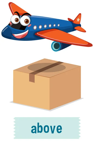 Projeto Cartão Palavras Preposição Com Avião Acima Ilustração Caixa —  Vetores de Stock