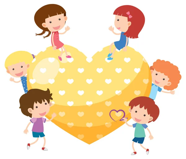 Bambini Intorno Cuore Giallo Sfondo Bianco Illustrazione — Vettoriale Stock