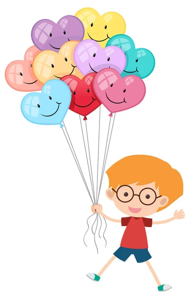 Kleine Jongen Met Veel Hart Ballonnen Illustratie — Stockvector
