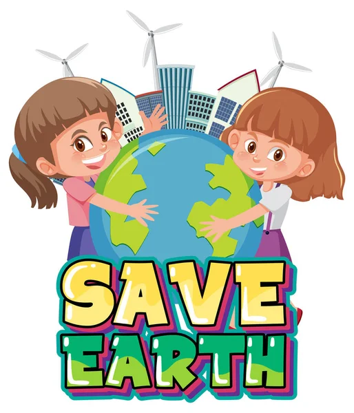 Earth Banner Design Two Girls Hugging Earth Globe Illustration — Stock Vector