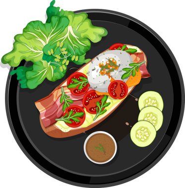 Üst düzey yemek, beyaz arkaplan resimli siyah plakalı yumurta Benedict.