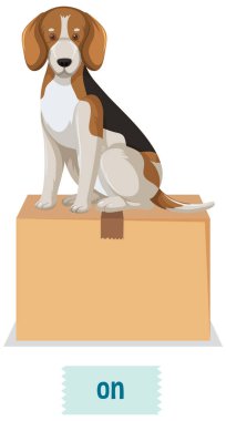 Prepostion kelime kartı tasarımı ile kutunun üzerindeki köpek resimleme