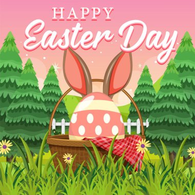 Bahçe illüstrasyonunda sepetli mutlu Paskalya tasarımı