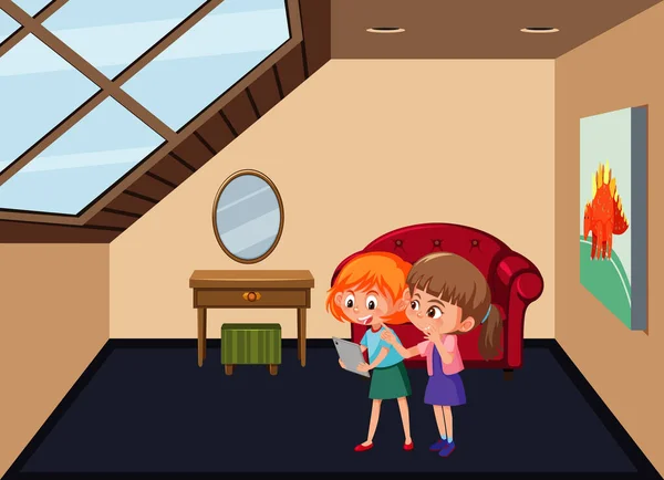 Garret Zimmer Szene Mit Zwei Mädchen Zeichentrick Stil Illustration — Stockvektor