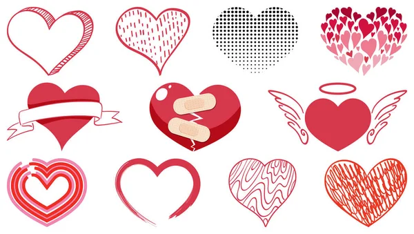 Διαφορετικό Στυλ Της Καρδιάς Που Απομονώνονται Λευκό Φόντο Εικονογράφηση — Διανυσματικό Αρχείο