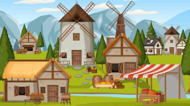 Köylüler ve pazar illüsü ile ortaçağ kasaba sahnesi