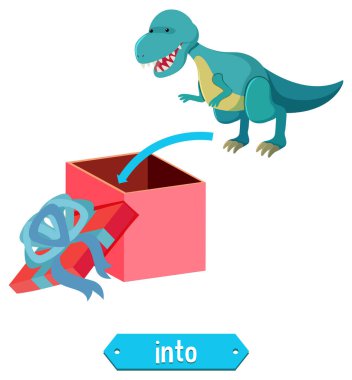 Dinozor ve kutu illüstrasyonlu prepostion kelime kartı tasarımı