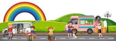 İnsanlar bit pazarından alışveriş yapıyor.