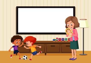 Oda sahnesinde aile üyelerinin resimleriyle birlikte boş tahta