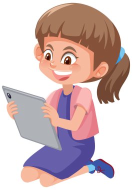 Tablet illüstrasyonuna bakan tatlı kız.