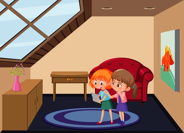 Garret Scène Chambre Avec Deux Filles Illustration Personnage Dessin Animé — Image vectorielle