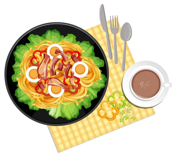 トップ表示健康的なサラダと白の背景イラスト上のプレースマット — ストックベクタ