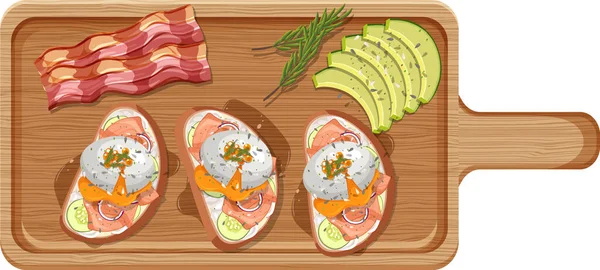顶部看到的食物 鸡蛋本尼迪克在木板上的白色背景说明 — 图库矢量图片