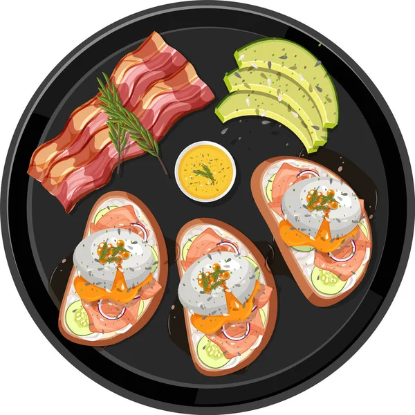 Верхний Вид Пищи Яйцо Бенедикт Черной Пластиной Белом Фоне Иллюстрации — стоковый вектор