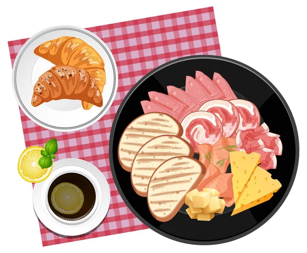Top View Food Set Croissant Placemat White Background Illustration — Stock Vector