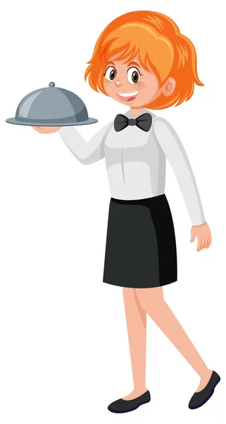 Young Waitress Serving Food White Background Illustration — Stock Vector