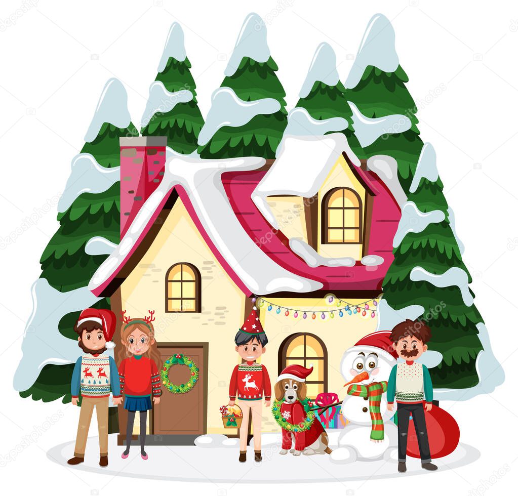 Happy family standing in front of winter house illustration