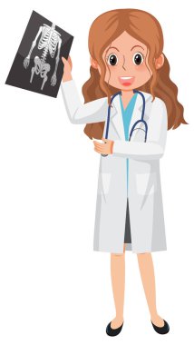 Beyaz arkaplan çiziminde x-ray film karakteri tutan bir doktor.