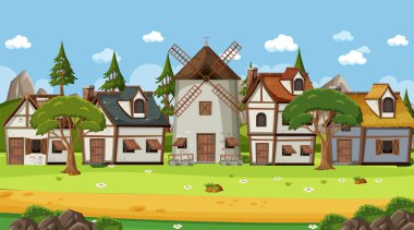 Köylülerin resimli olduğu ortaçağ kasaba sahnesi