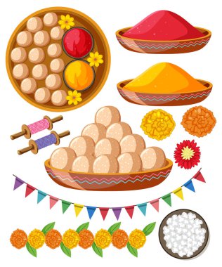 Yemek ve çiçek resimli Hint seti