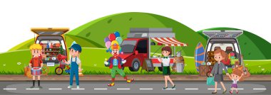 İnsanlar bit pazarından alışveriş yapıyor.