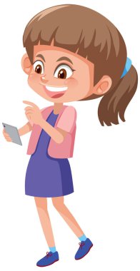 Cep telefonu illüstrasyonuna bakan tatlı bir kız.