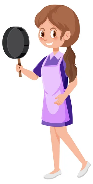 Woman Holding Pan Wearing Apron Cartoon Character White Background Illustration — Stock Vector