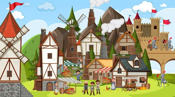 Średniowieczna Scena Miasta Ilustracją Wieśniaków — Wektor stockowy