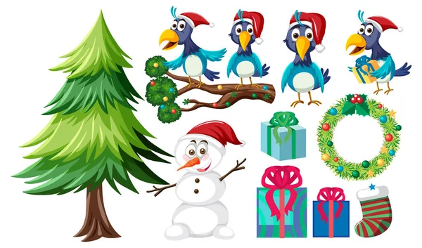 Boże Narodzenie Zestaw Drzewa Dekoracje Ilustracja — Wektor stockowy