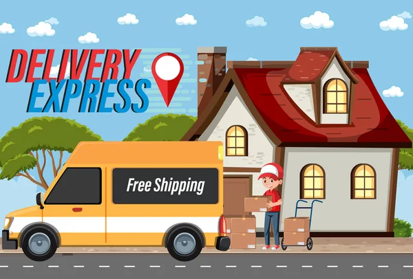 Logotyp Delivery Express Kurierem Dostarczającym Paczki Ilustracja — Wektor stockowy