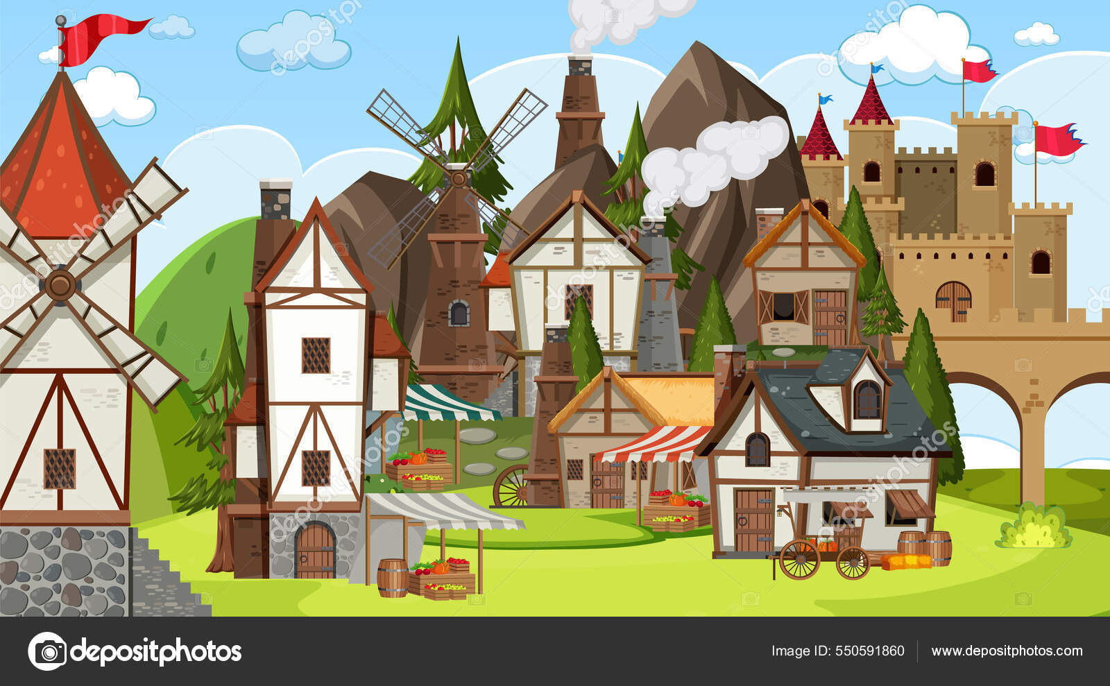 Cidade medieval com moinho de vento e aldeões