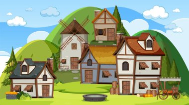 Köylülerin resimli olduğu ortaçağ kasaba sahnesi