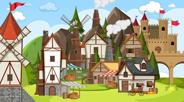 带有村民插图的中世纪城镇场景 — 图库矢量图片