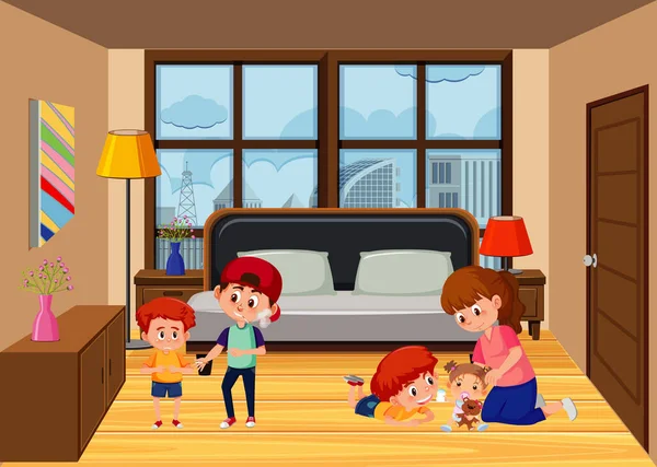 Escena Del Dormitorio Con Ilustración Miembros Familia — Vector de stock