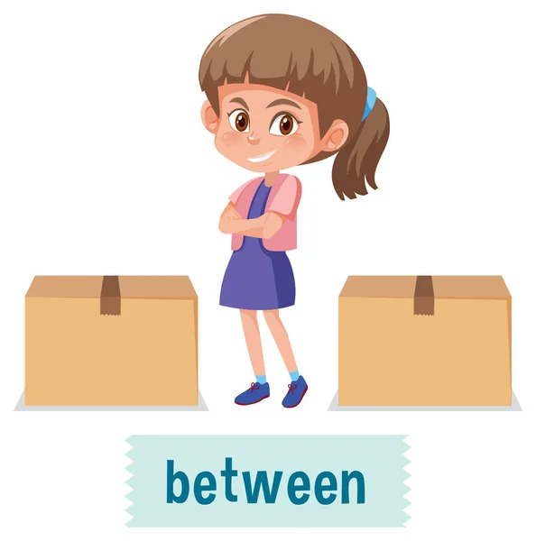 Preposition Place Cartoon Girl Box Illustration — Stock Vector