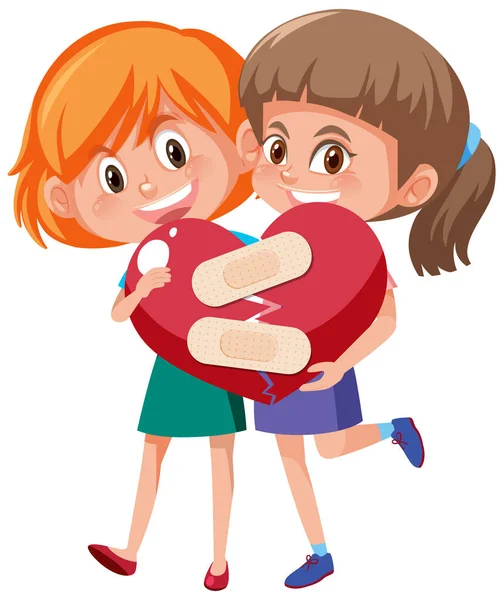 Två Flickor Som Håller Ett Brustet Hjärta Tillsammans Illustration — Stock vektor